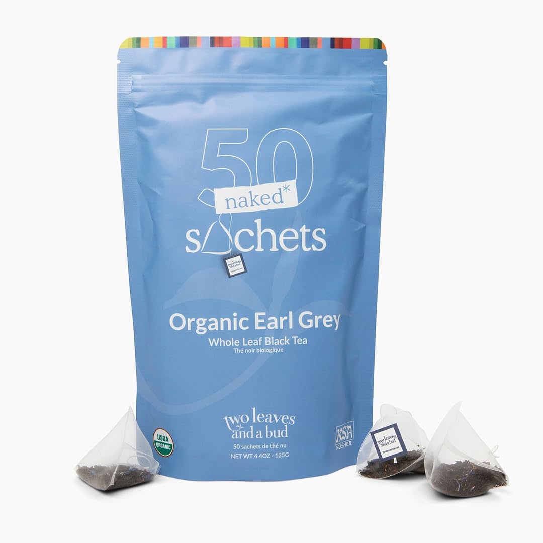 Two Leaves and a Bud Organic Earl Grey Tea Sachets, Whole Leaf Black Tea, 50 Count, Eco-Friendly Compostable Packaging
