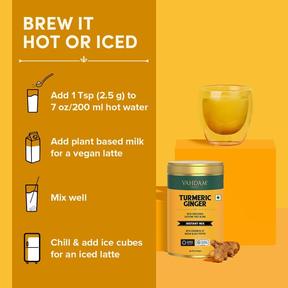 VAHDAM Golden Milk Latte Mix - Turmeric & Ginger, 3.53 oz, Caffeine Free, Non-GMO, Gluten Free, 40 Servings