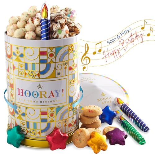 BONNIE AND POP - Birthday Gift Basket | Birthday Cookies, Sweets, Candy, Cake Flavors | Tin Spins, Plays Music Happy Birthday | 
