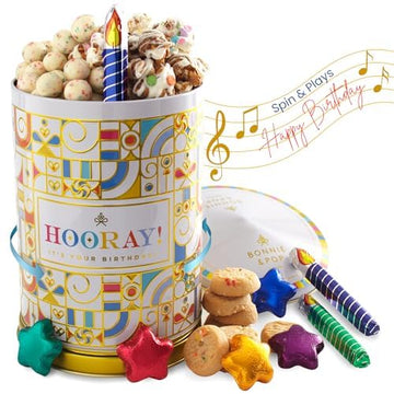 BONNIE AND POP - Birthday Gift Basket | Birthday Cookies, Sweets, Candy, Cake Flavors | Tin Spins, Plays Music Happy Birthday | 