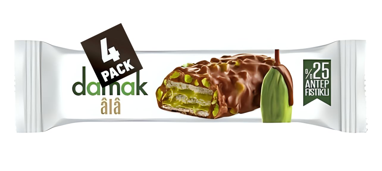 DamakS-Chocolate Covered Wafer Bar With Pistachio  Top-Grade Turkish Confection  30G Each. (Pack Of 4)