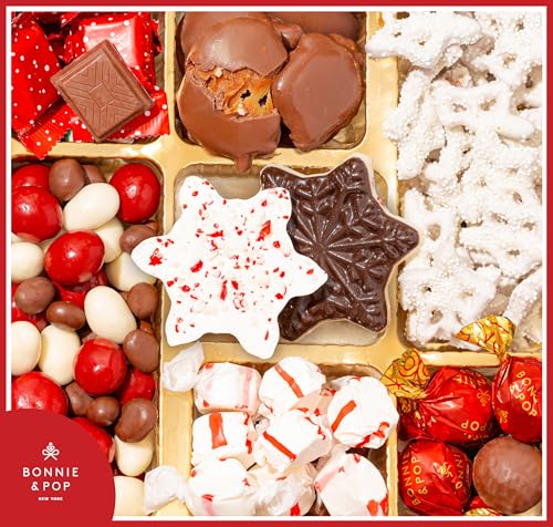 Bonnie and Pops Holiday Tin- with Assorted Christmas Chocolate  Nuts  Bark  Truffles - Festive  Corporate  Family  Gift Basket Idea for Men and Women