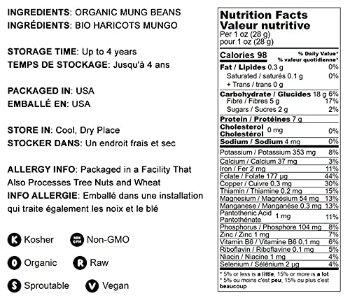 Organic Mung Beans, 1 Pound - Non-Gmo, Whole Dried Beans, Green Gram, Sproutable, Kosher, Vegan, Sirtfood, Bulk. Good Source Of Fiber, Protein, Folate. Goes Well With Asian, Middle East Dishes.