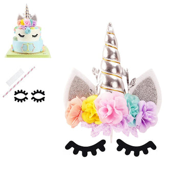 Nishine Rose Floral Unicorn Cake Topper Birthday Party Cake Decoration (Silver&Pink)