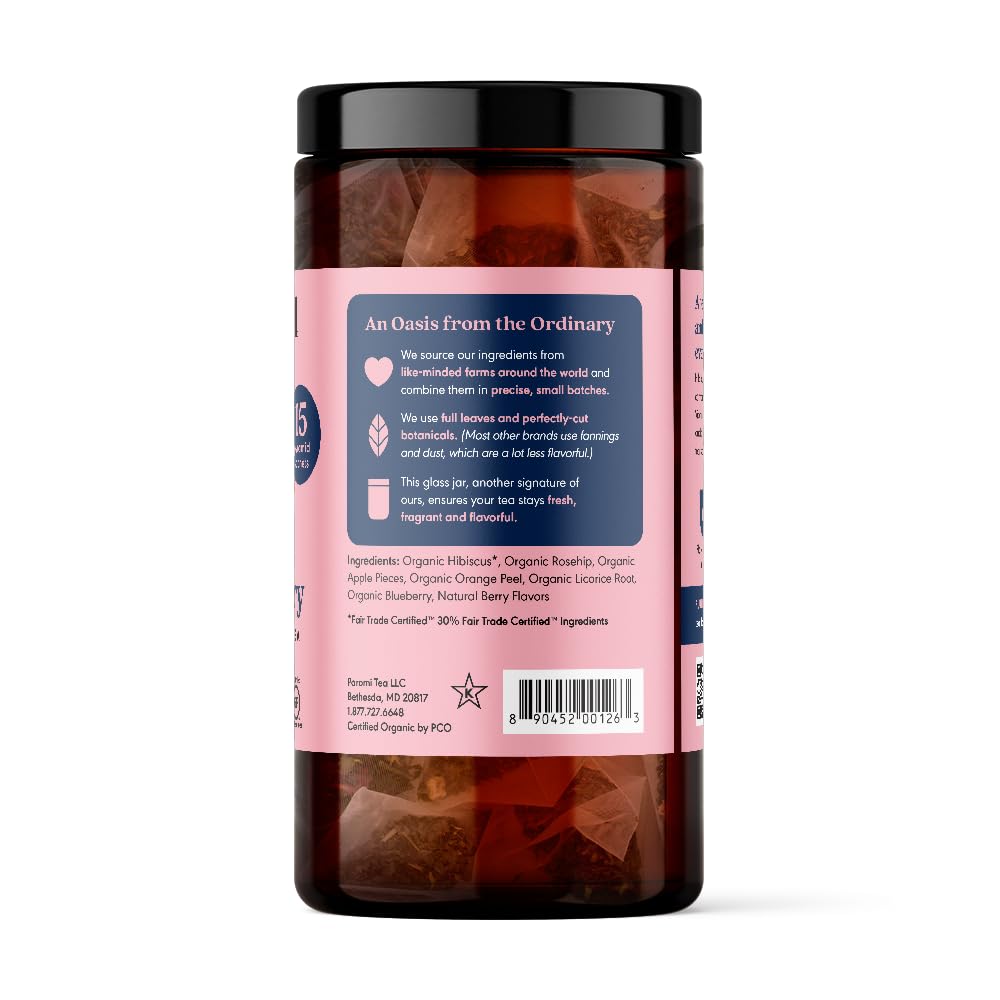 Paromi Hibiscus Berry Herbal Tea, Organic, 15 Count, Signature Jar, Pack of 6