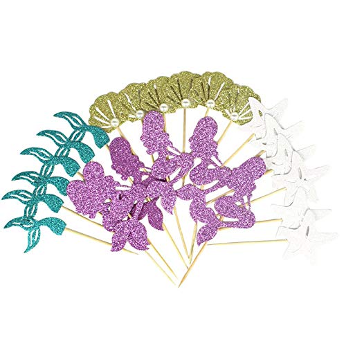 Wootkey Glitter Mermaid Theme Birthday Cake Topper Under The Sea Party Supplies Cake Decoration Cupcake Toppers 36 Pcs Mermaid T