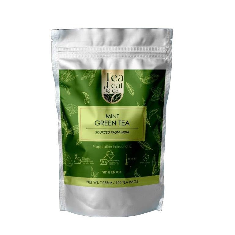 Tea Leaf & Co. Mint Green Tea Bags - Spearmint & Peppermint - Low Caffeine - 100 Teabags (7.055oz/200gm) - Gluten Free