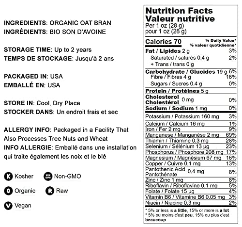 Organic Oat Bran, 4 Pounds - Non-Gmo, Kosher, Raw, Vegan, Bulk, High Fiber Hot Cereal, Milled From High Protein Oats, Product Of The Usa