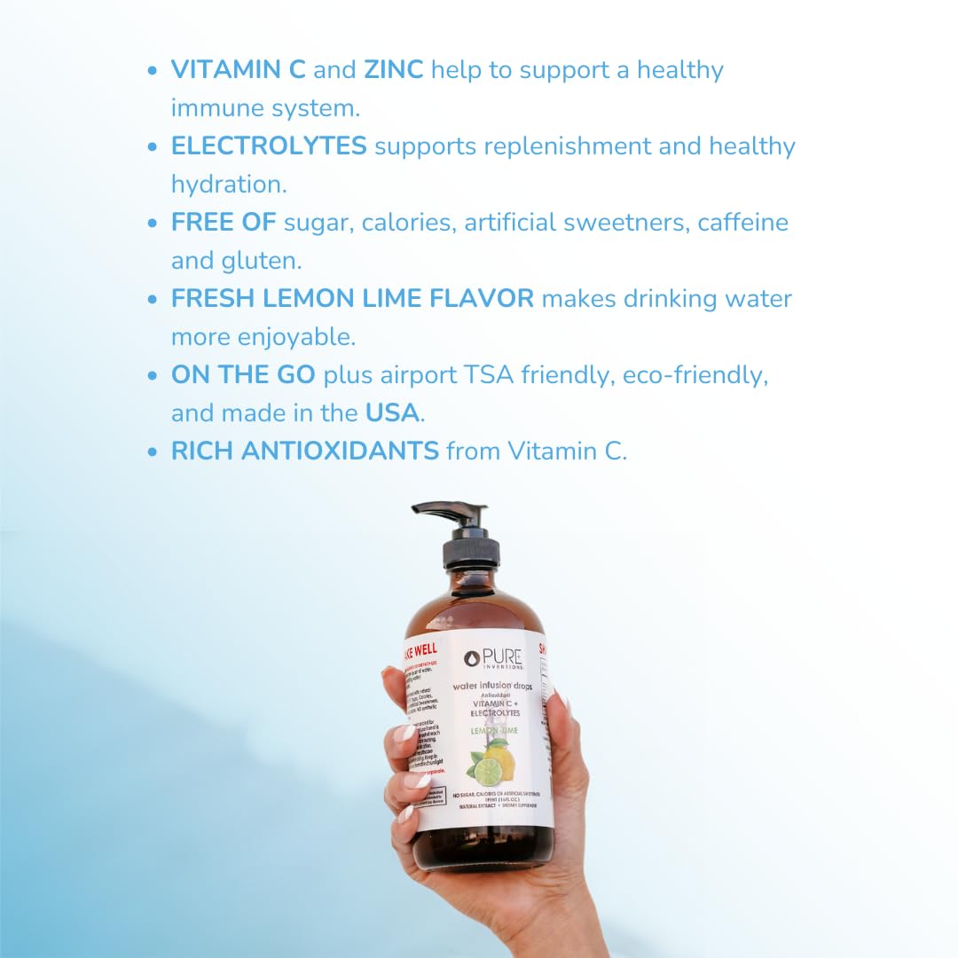 Pure Inventions - Lemon Lime Water Infusion Drops - Antioxidants  Vitamin C & Electrolytes - Health & Wellness Drink -Immunity Support -Sugar Free  Zero Calorie  No Artificial Sweeteners -500 Servings