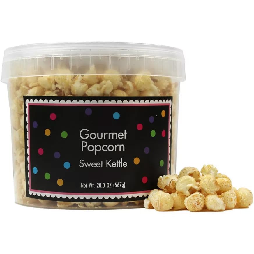 Sweet Kettle Popcorn Bucket With Scoop, 20 Ounce, White Popcorn Tub, Fresh Gourmet Popcorn, The Hampton Popcorn & Candy Company