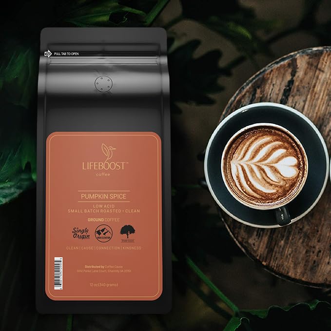 Lifeboost Low Acid Pumpkin Spice Coffee Ground - Low Acid Single Origin Pumpkin Flavored Coffee - Non-Gmo Ground Coffee Beans Th