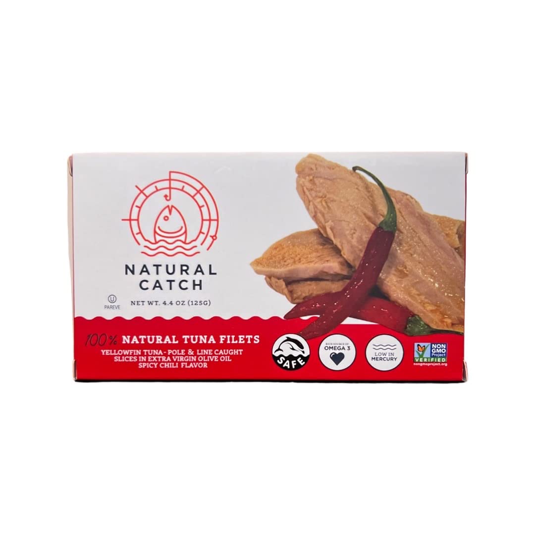 Natural Catch Tuna Spicy Yellowfin Filets, Hand Cut, Pole & Line Caught, 130 Calories Gluten-Free, Paleo, Keto Friendly, Enhanced Yellowfin Tuna In Extra Virgin Olive Oil And Spicy Chilis (4.4 Oz Per Can- Pack Of 12) (Yellowfin Spicy Tuna)