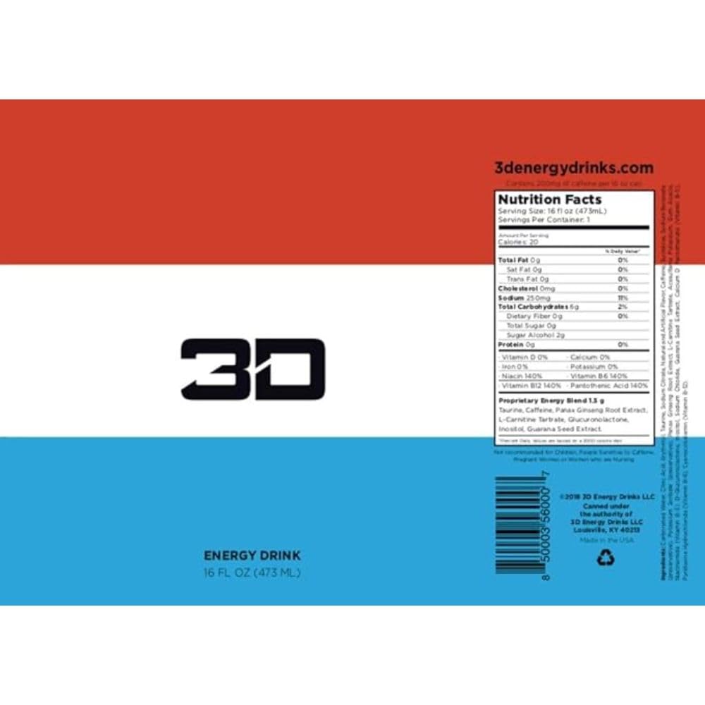 3D Energy Liberty Pop | Sugar Free Energy Drink | Pre Workout Energy | 200Mg Caffeine With Taurine And L-Carnitine | 16 Fluid Ounce | 12 Pack | Red, White And Blue