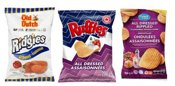 Canada's Favorite All Dressed Chips 5 pack, 1 Old Dutch, 2 Ruffles,2 Great Value. Imported from Canada
