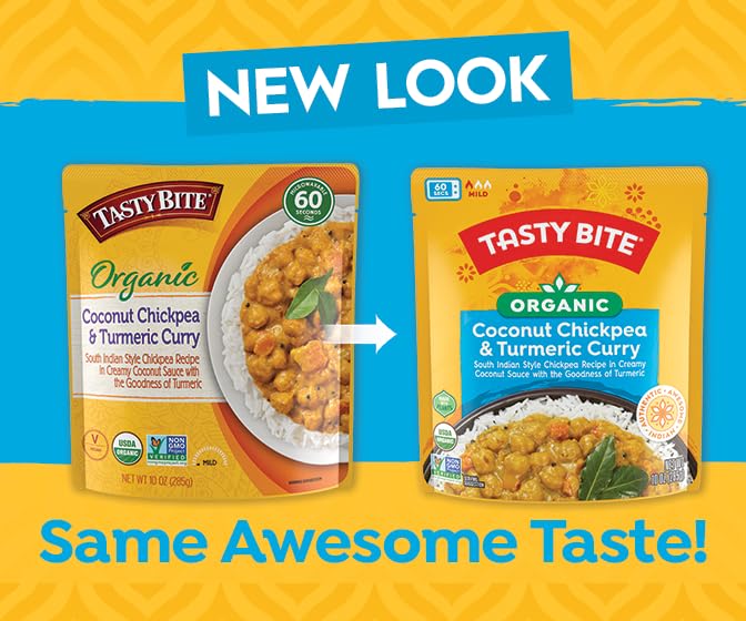 Tasty Bite Organic Chickpea Coconut and Turmeric Curry, Ready to Eat, Microwavable Entr  e, Vegan, 10 Ounce (Pack of 6)