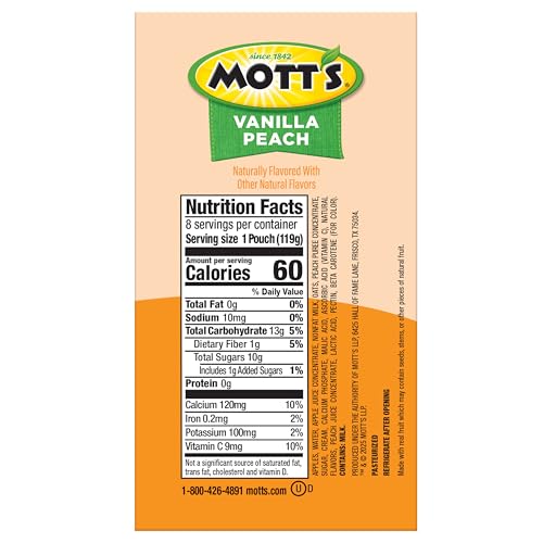 Motts Fruit Smoothies Vanilla Peach, 4.2 oz clear pouches, 8 Pack, Made With Milk, Made With Real Fruit, Good Source of Calcium,