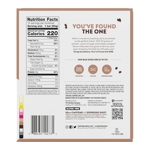 One Coffee Shop Caffeinated Protein Bars, Vanilla Latte, Gluten Free With 20G Protein And 65Mg Of Caffeine Energy, Pantry Staples, 2.12 Oz (12 Count), Packaging May Vary