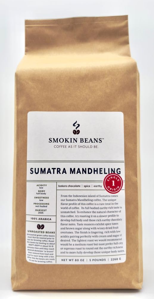 Smokin Beans Unroasted Green Arabica Coffee Beans, 80 Ounce, Specialty Grade, Sumatra Mandheling