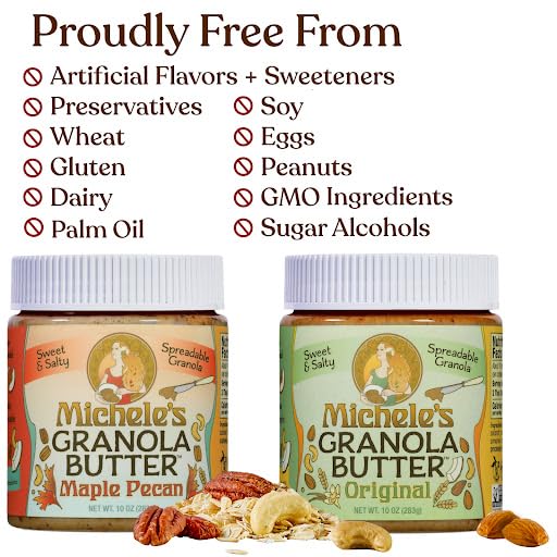 Micheles Granola Butter, Peanut-Free, No Palm Oil, Peanut Butter Alternative, 10 Oz Jar - Pack Of 2 (Original And Maple Pecan)