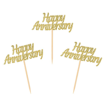 24 Pieces Gold Glitter Happy Anniversary Cupcake Toppers Cake Picks For Wedding Anniversary Party Table Decorations