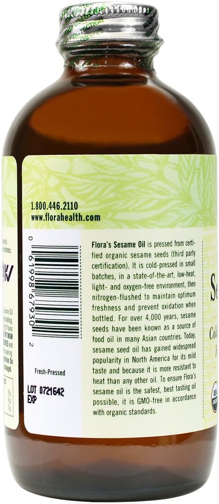 Flora Organic Sesame Oil - Cold-Pressed Cooking Oil, Vegan & Non-GMO, 8.5 fl. oz. Glass Bottle