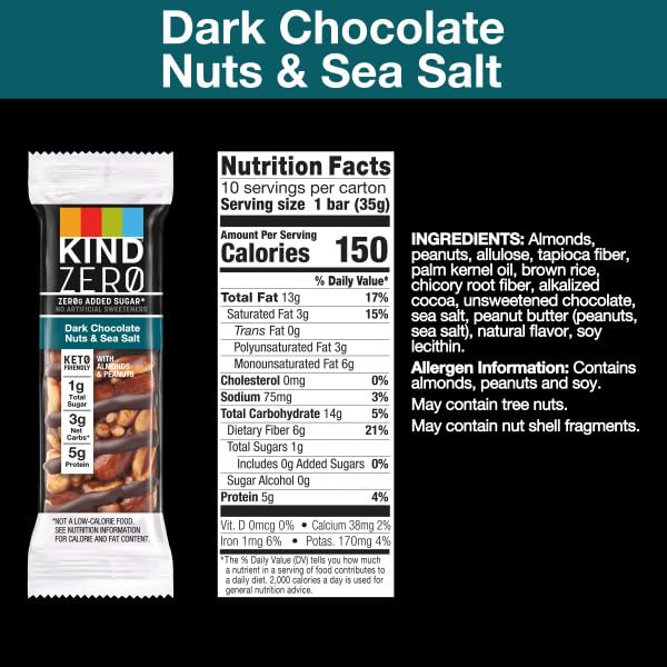 KIND ZERO Added Sugar Bars  Keto Snack  Dark Chocolate Nuts and Sea Salt  Good Source of Fiber  Gluten Free  Low Sugar  6g Protein  10 Count