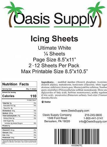 Oasis Supply Ultra Premium, Pliable, Non Cracking Icings Sheets, White (8.5'' X 11.5'', 24), Made In The Usa