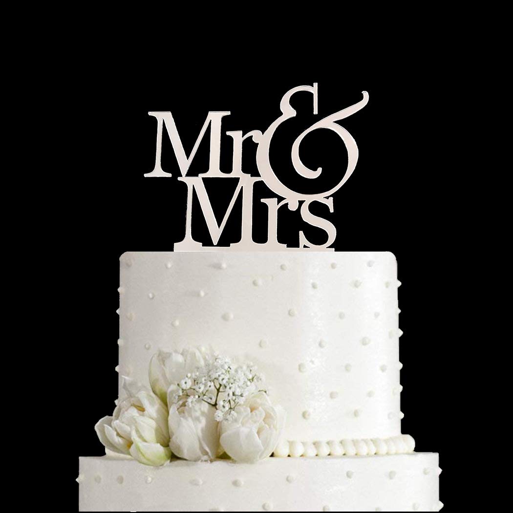 Mr And Mrs Cake Topper, Bride And Groom Sign Wedding Engagement Cake Toppers Decorations (Mirror Silver Acrylic)