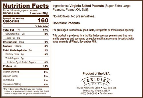 FERIDIES Super Extra Large Salted Virginia Peanuts 18 oz Can - 1.125 lb, Salted, Model 20-01-0018