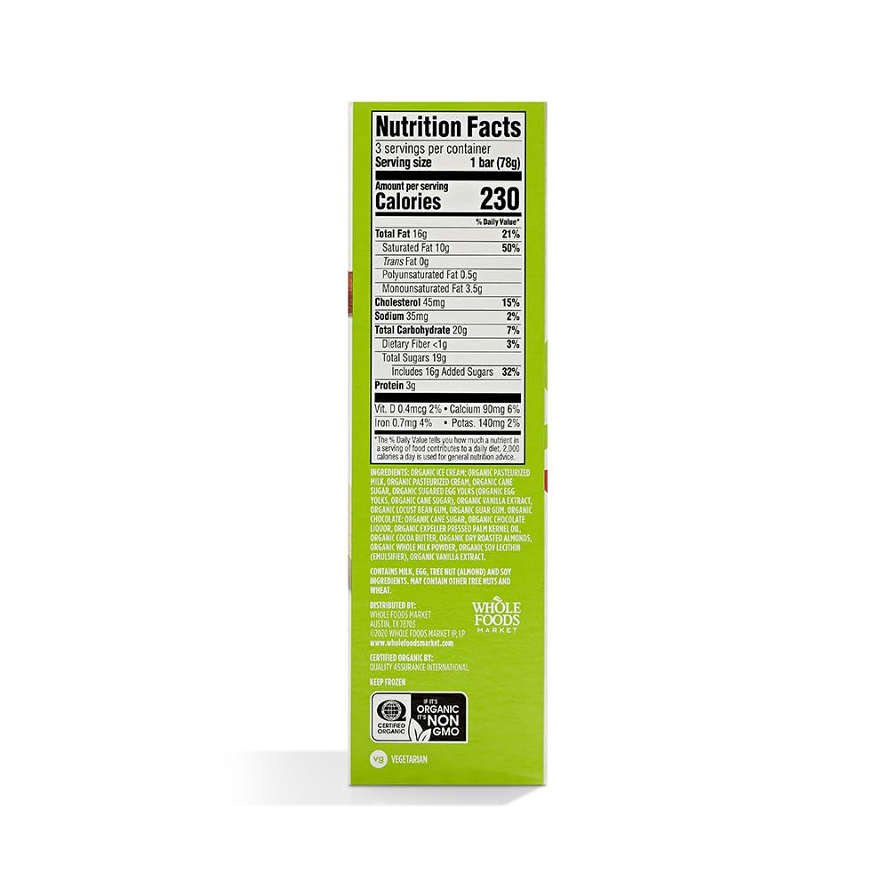 365 Everyday Value, Organic Chocolate & Almond Vanilla Ice Cream Bars, 3 fl oz, 3 ct, (Frozen)