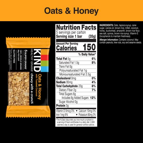 KIND HEALTHY GRAINS Oats & Honey with Toasted Coconut Bars, Gluten Free Bars, 1.2 OZ Bars (40 Count)