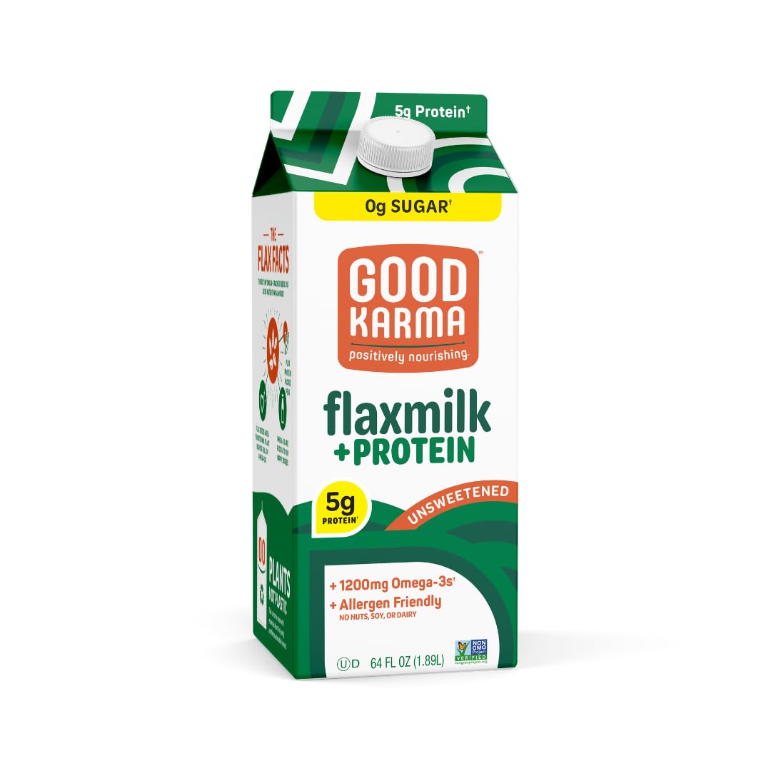 Good Karma Unsweetened Flaxmilk +Protein, 64 Ounce, 5g Plant Protein + 1200mg Omega-3 Per Serving, Plant-Based Non-Dairy Milk Al