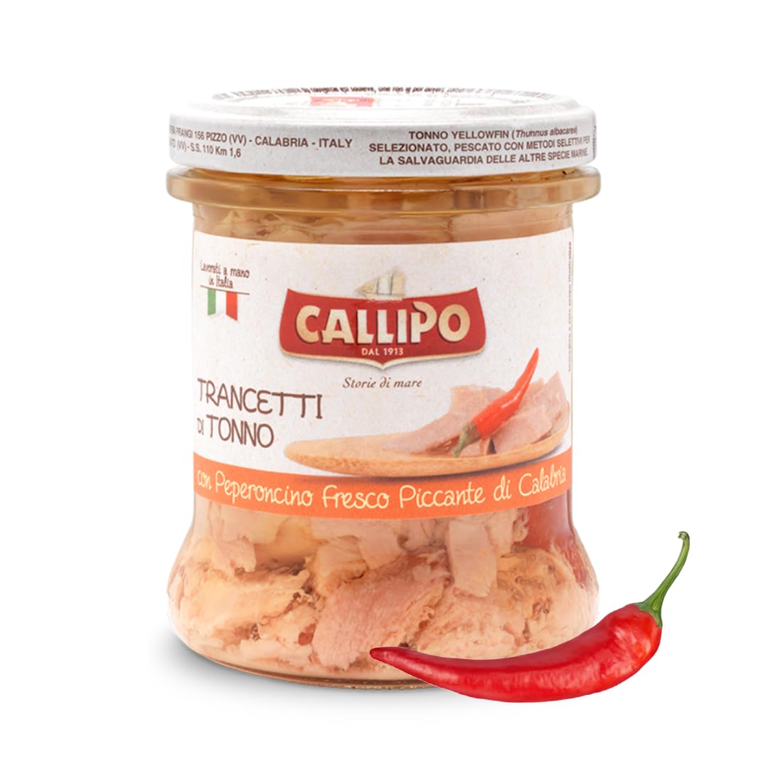 Callipo Tuna Fillets in Olive Oil with Hot Calabrian Chili Peppers - 6oz Glass Jar, Pack of 2