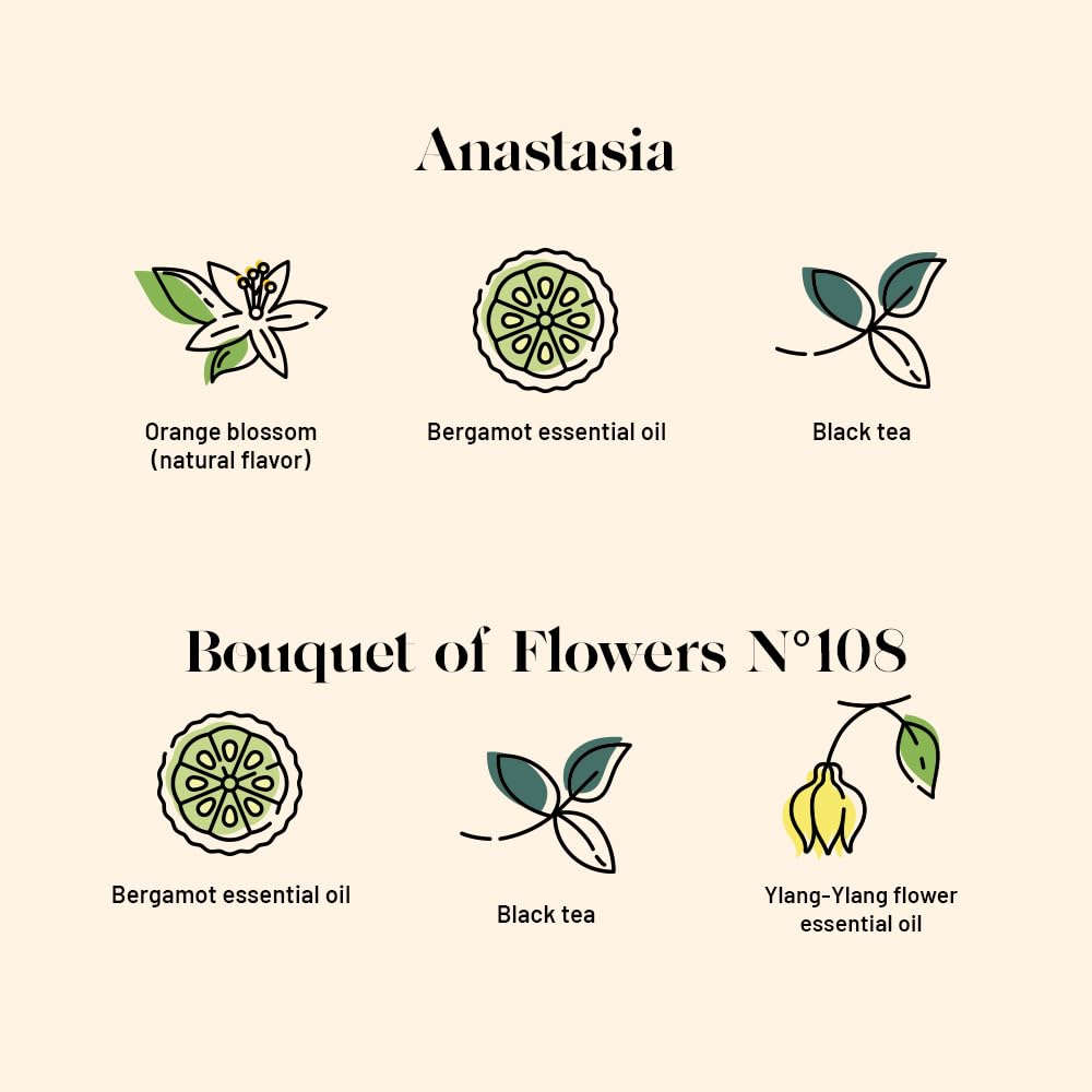 KUSMI TEA Organic Black Tea Bags - Anastasia & Bouquet of Flowers No.108 - 2 Boxes of 20 Bags Each