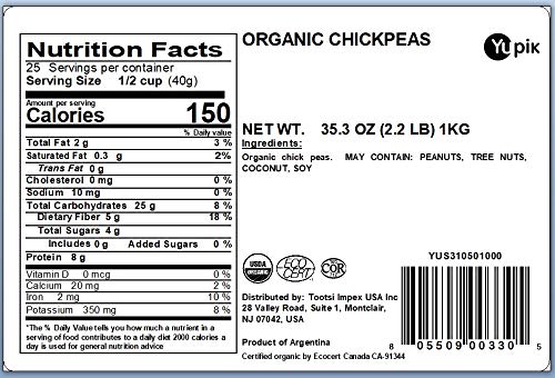 Yupik Organic Raw Chickpeas, 2.2 Lb (35.2 Oz), Pack Of 6, Non-Gmo, Vegan, Gluten-Free, Kosher, Usda Certified, High-Protein Legu