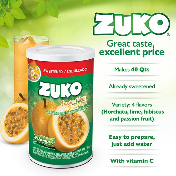 Zuko Passion Fruit Instant Powder Drink, Canister, No Sugar Needed, 33.4 Oz (Pack Of 6)