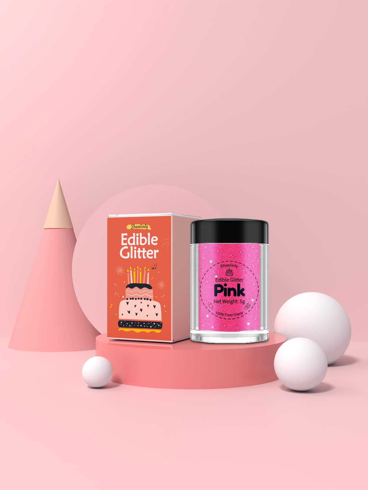 Shanlinly Pink Edible Glitter - Food Grade Shimmer Luster Dust for Cakes, Cocktails, Cupcakes, 5g