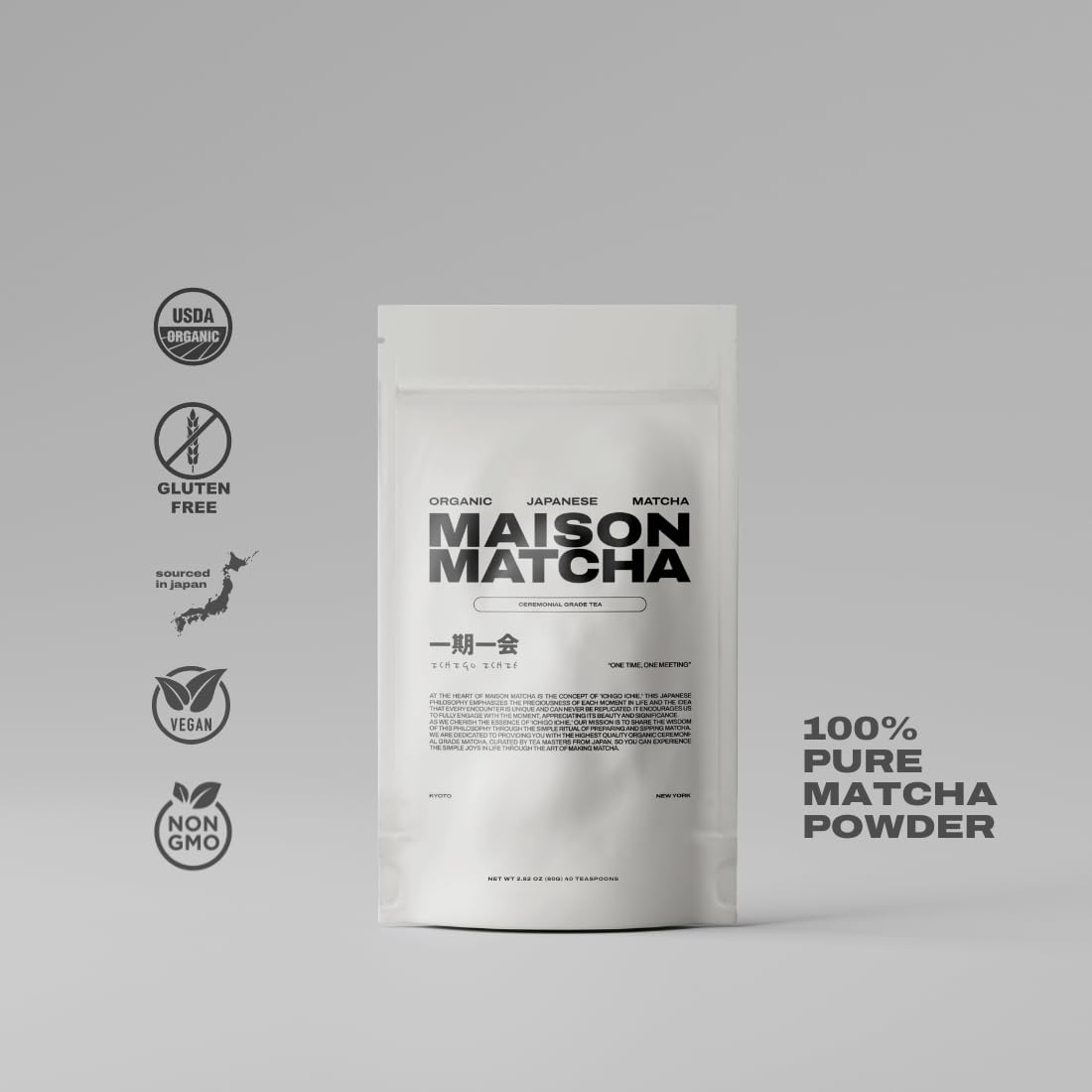 MAISON MATCHA Organic Ceremonial Grade Matcha Green Tea Powder - Authentic Japanese Matcha Latte Powder  Zero Sugar  Harvested in Japan (80g  2.82 oz Pouch)