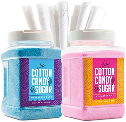 The Candery Cotton Candy Floss Sugar 32oz (2-Pack) Includes 100 Premium Cones | Raspberry Blue and Strawberry | Plastic, Reusabl