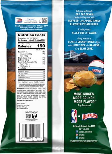 Ruffles Potato Chips, Jalapeno Ranch Flavored Snacks, 8 Oz Bag