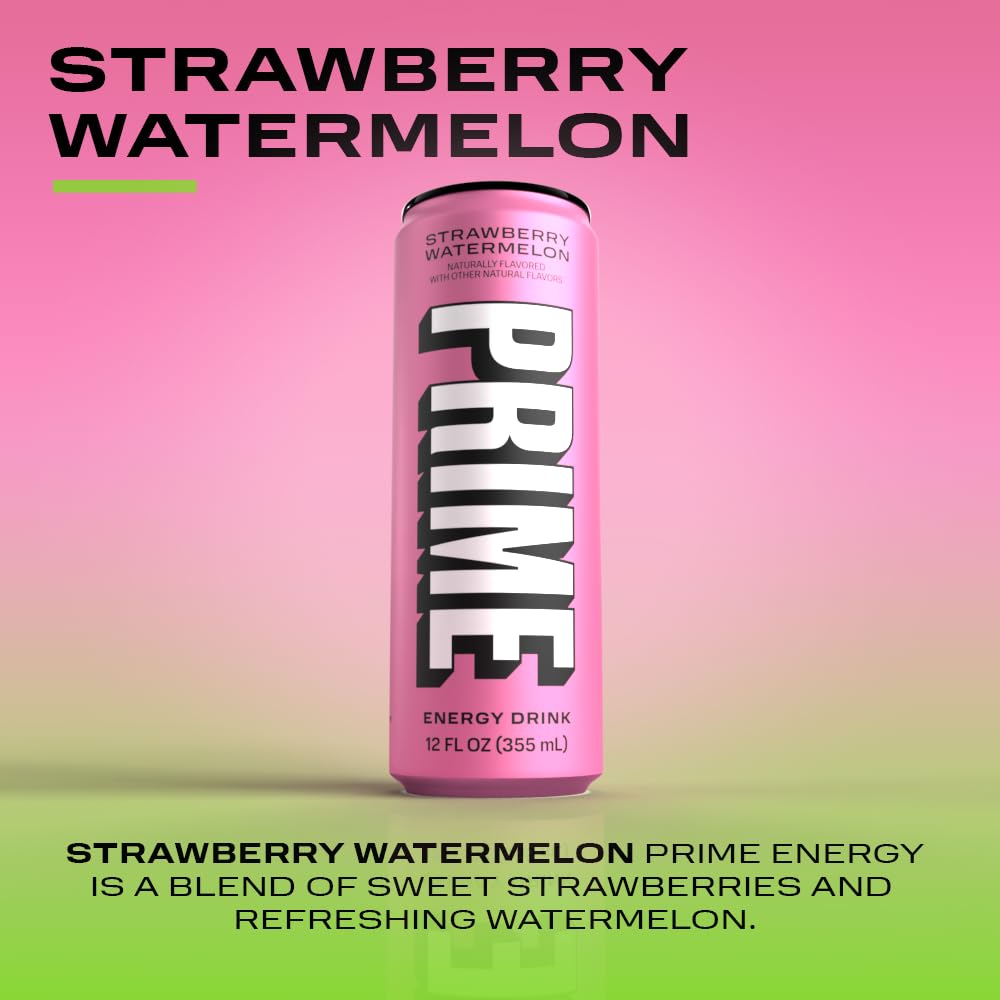 PRIME HYDRATION Energy Drink Strawberry Watermelon | 200mg Caffeine | 355mg Electrolytes | 12 Fluid Ounce | 12 Pack