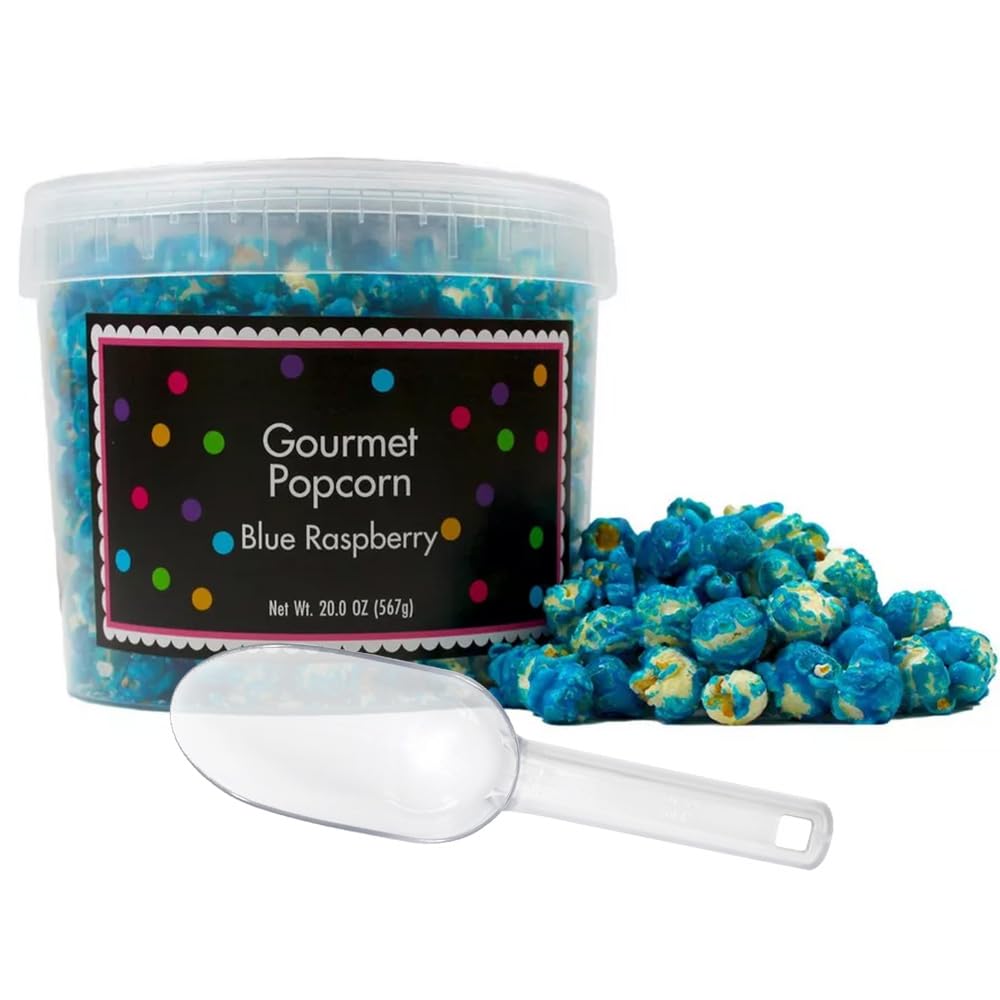 Turquoise Popcorn Bucket with Scoop, 20 Ounce, Blue Raspberry Flavored Popcorn Tub, Fresh Gourmet Popcorn, The Hampton Popcorn &