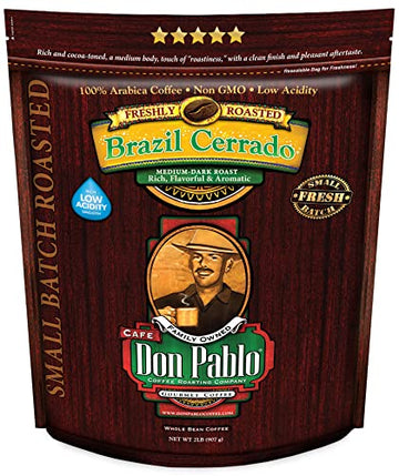 2Lb Don Pablo Gourmet Coffee - Brazil Cerrado - Medium Dark Roast - Whole Bean Coffee - 100 Arabica Beans - Low Acidity And Non-