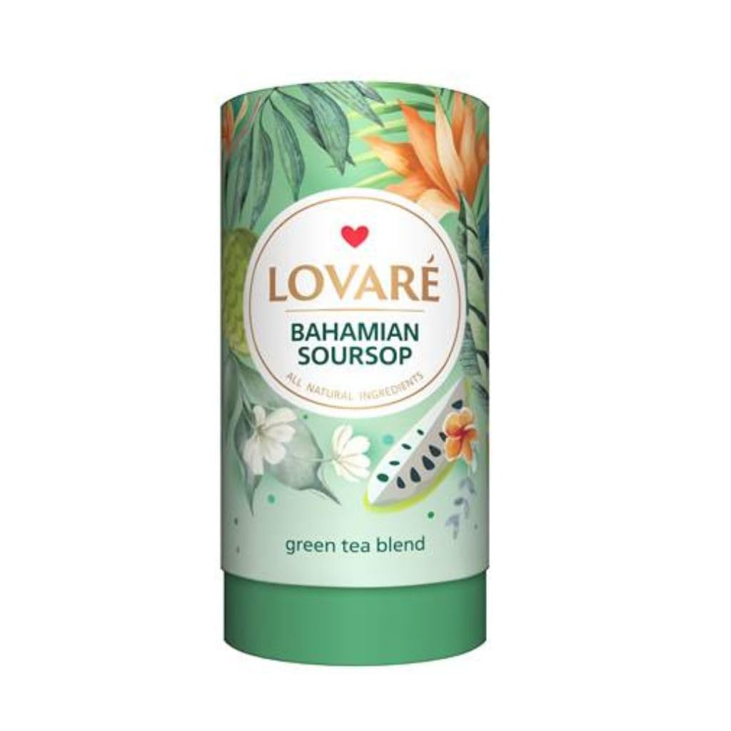 LOVARE Bahamian Soursop Loose Leaf Tea 80 g - Made in Ukraine - Green tea, Soursop, and Orange Blossom - Gift Box with 15 Paper 