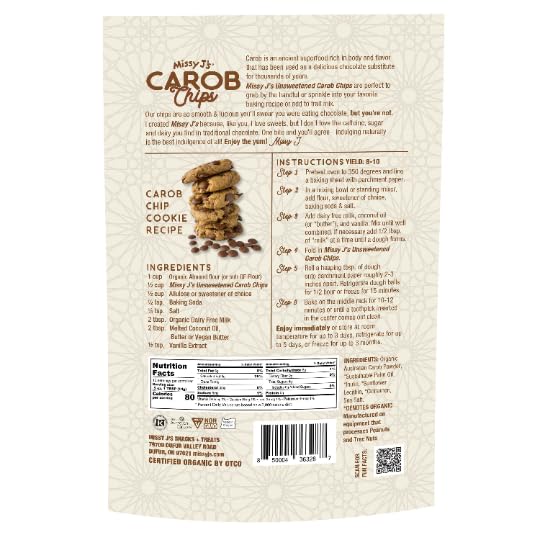Missy Js Organic Unsweetened Carob Chips, Vegan, Gluten-Free, 8 oz, Pack of 6, Chocolate