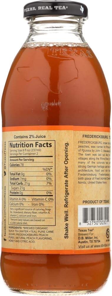 Texas Tea Fredericksburg Peach Tea, 16 Fl Oz, Pack of 12 - Refreshing Southern Flavor in Convenient Bottles