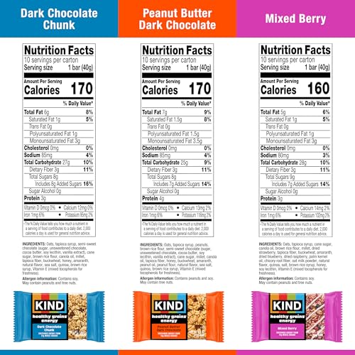 KIND Healthy Grains Energy Bars 30ct Variety Pack, Dark Chocolate Chunk, Peanut Butter Dark Chocolate, and Mixed Berry, 18-21g W