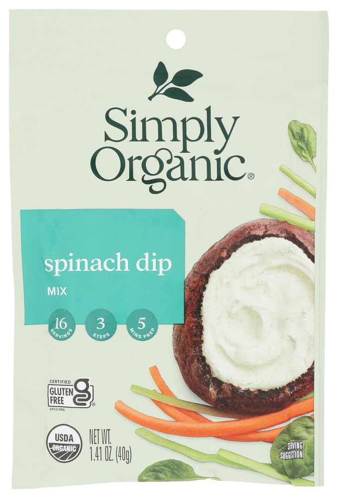Simply Organic Spinach Dip Mix, Certified Organic, Gluten-Free, 1.41 oz, Pack of 3