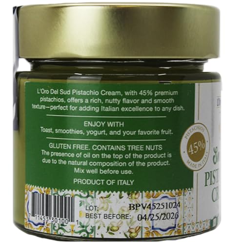 Pistachio Cream  enhanced 45%  Smooth Sicilian Pistachio Spread  7 oz (200g)  Contains 45% Pistachio nuts  Sweet Pistachio Butter  Product of Italy  LOro Del Sud