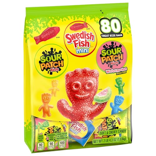 SOUR PATCH KIDS and SWEDISH FISH Mini Soft & Chewy Candy Variety Pack  Bulk Candy  80 Treat-Size Snack Packs